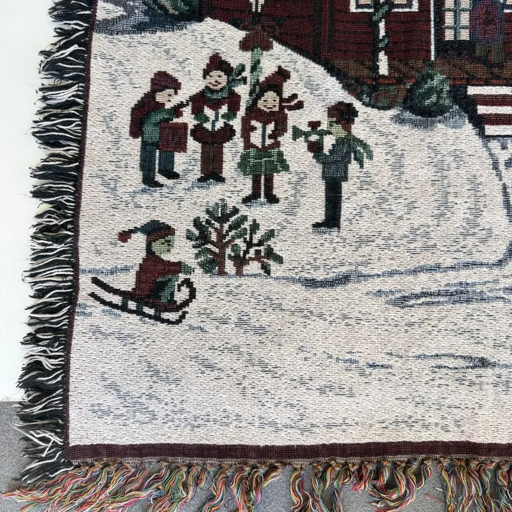 Vintage Christmas Woven Throw Blanket Winter Village Tapestry Fringe 47x53